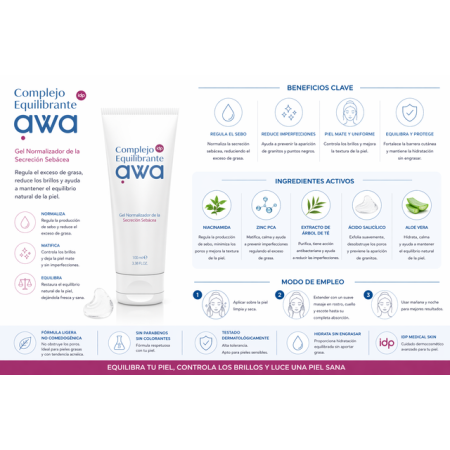 IDP AWA complejo equilibrante gel facial piel grasa acne 100ml 2