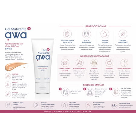 IDP AWA gel matizante facial SPF50 con color piel grasa acne 2